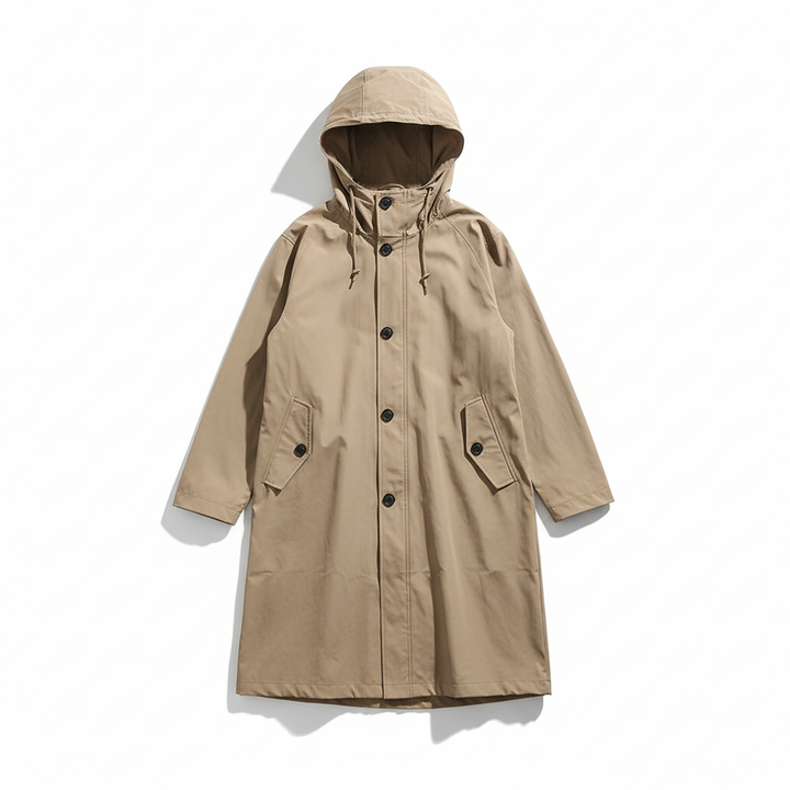 Women's longline hooded rain jacket with water-resistant fabric, great for outdoor casual outfits.