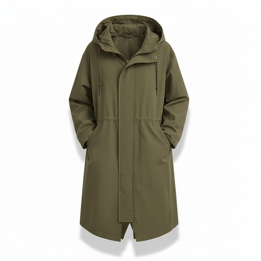 All-weather women's rain jacket, hooded & water-resistant longline fit for outdoor and casual style.