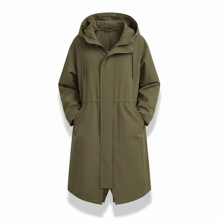 All-weather women's rain jacket, hooded & water-resistant longline fit for outdoor and casual style.