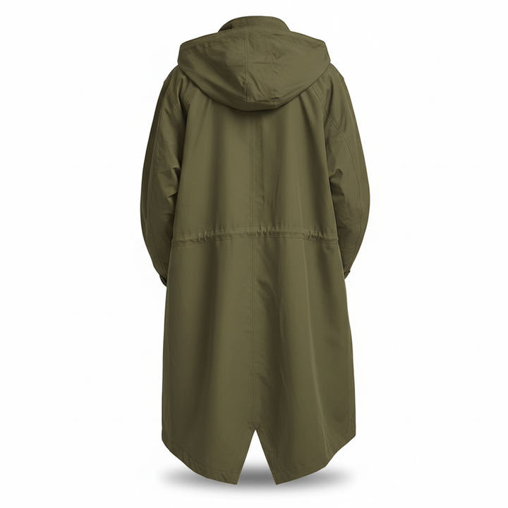 Packable women's travel rain jacket, water-resistant longline fit with hood for easy outdoor adventures.