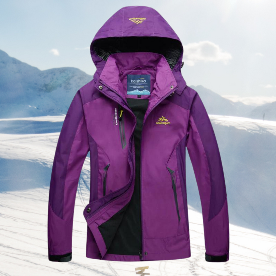 Women's waterproof adventure shell jacket, ideal for outdoor hiking, travel, and active wear. Lightweight rain gear.