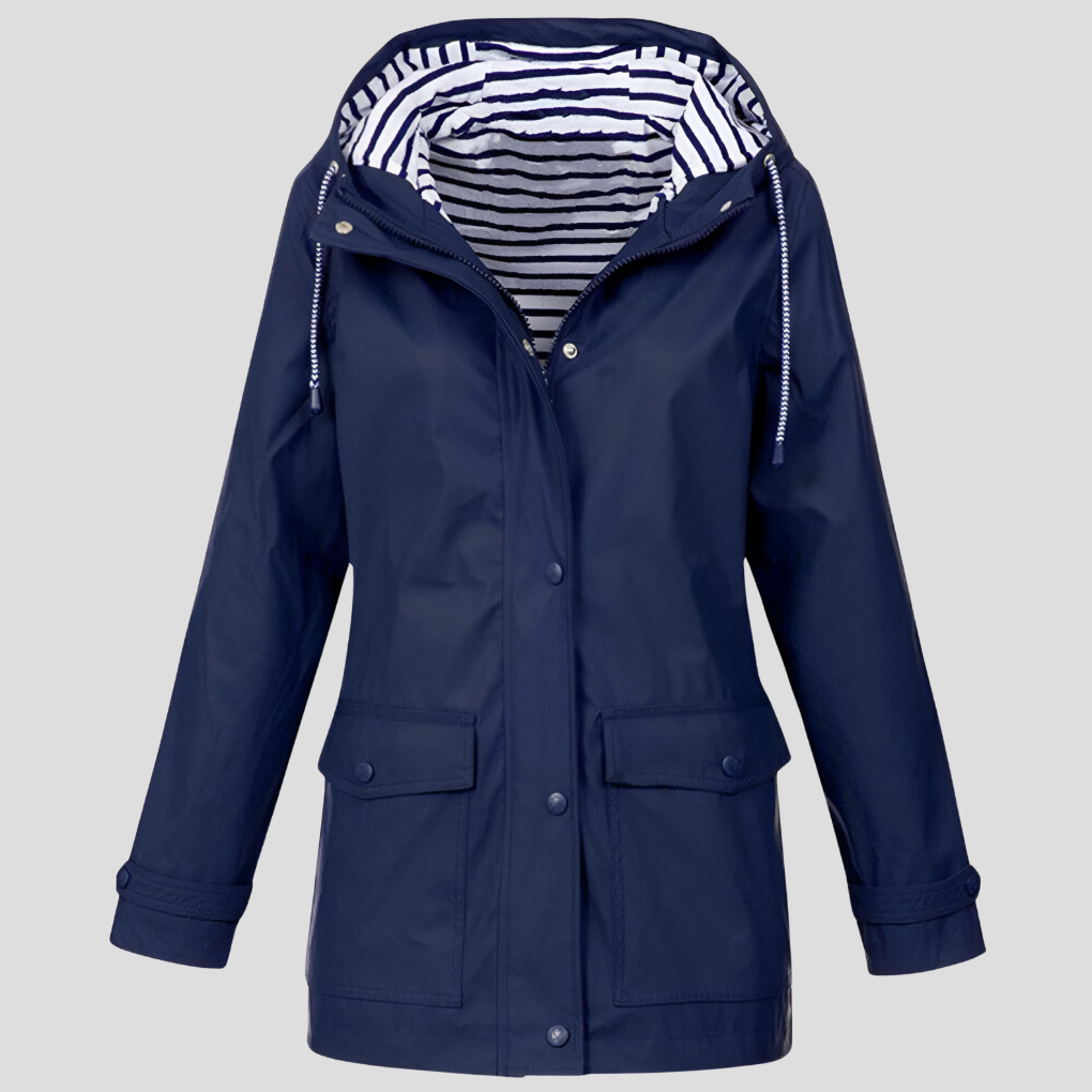 Stylish women's hooded rain jacket, waterproof & windproof outerwear for spring, fall, and outdoor activities.