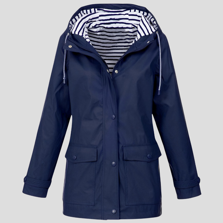 Stylish women's hooded rain jacket, waterproof & windproof outerwear for spring, fall, and outdoor activities.