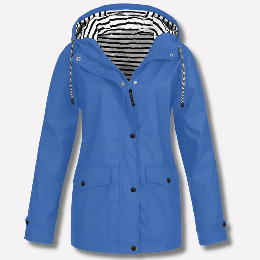Lightweight women's yellow rain jacket, hooded, waterproof & windproof; comfortable casual or activewear.