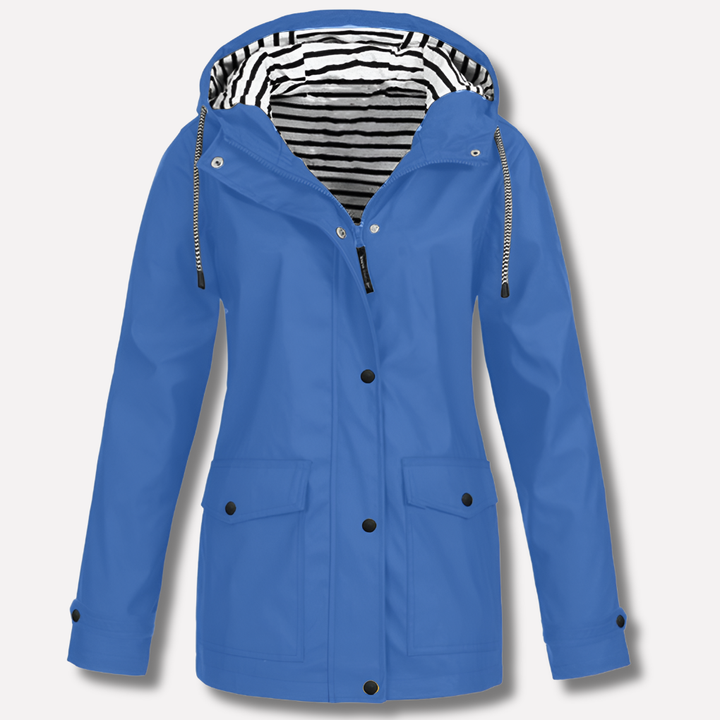 Lightweight women's yellow rain jacket, hooded, waterproof & windproof; comfortable casual or activewear.