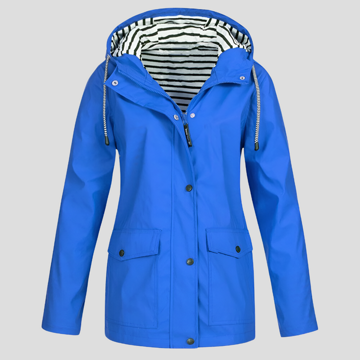 Durable black women's waterproof hooded travel jacket, windproof design for all-weather protection.
