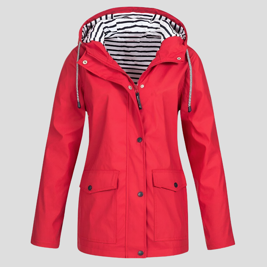 Yellow women's activewear rain jacket, hooded, waterproof & lightweight for outdoor adventures & casual style.