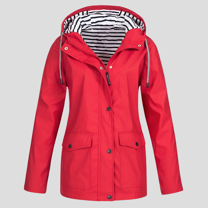 Yellow women's activewear rain jacket, hooded, waterproof & lightweight for outdoor adventures & casual style.
