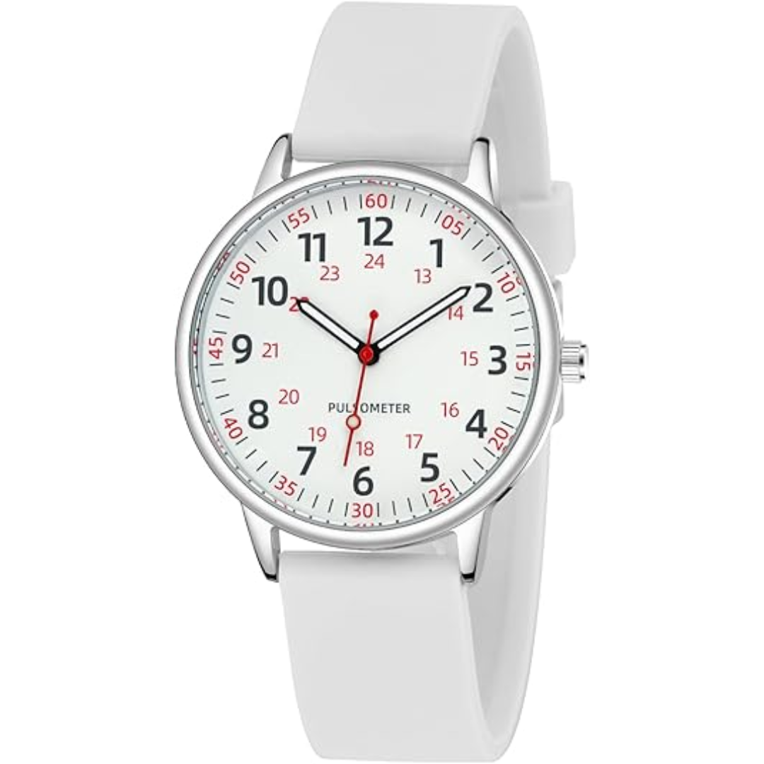 Women's waterproof nurses watch with a comfortable pink silicone band, ideal for medical professionals.