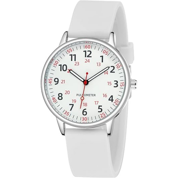 Women's waterproof nurses watch with a comfortable pink silicone band, ideal for medical professionals.