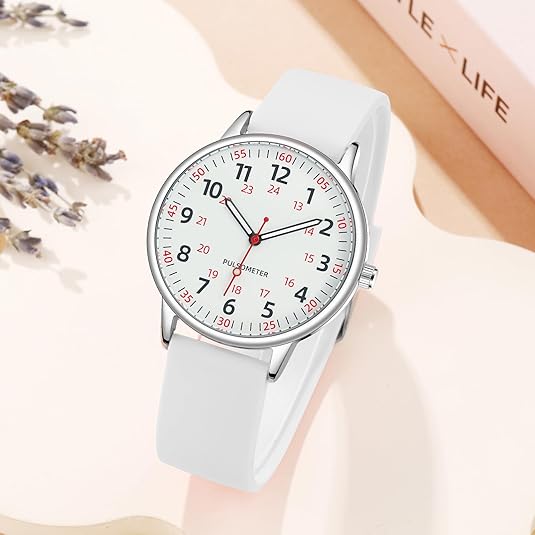 Female nurse wearing a white women's waterproof silicone band watch, perfect for busy hospital shifts.