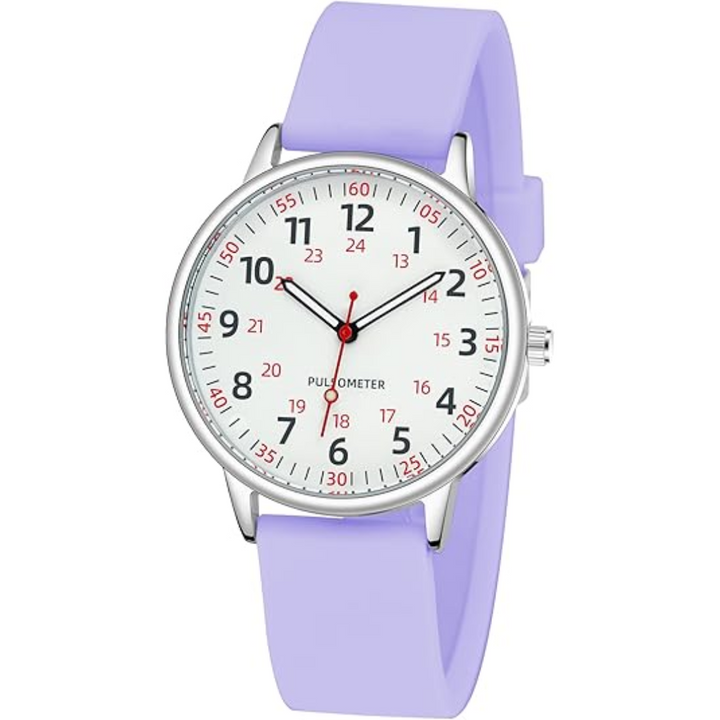 Waterproof women's nurses watch with a purple silicone band, ideal for frequent hand washing in healthcare.