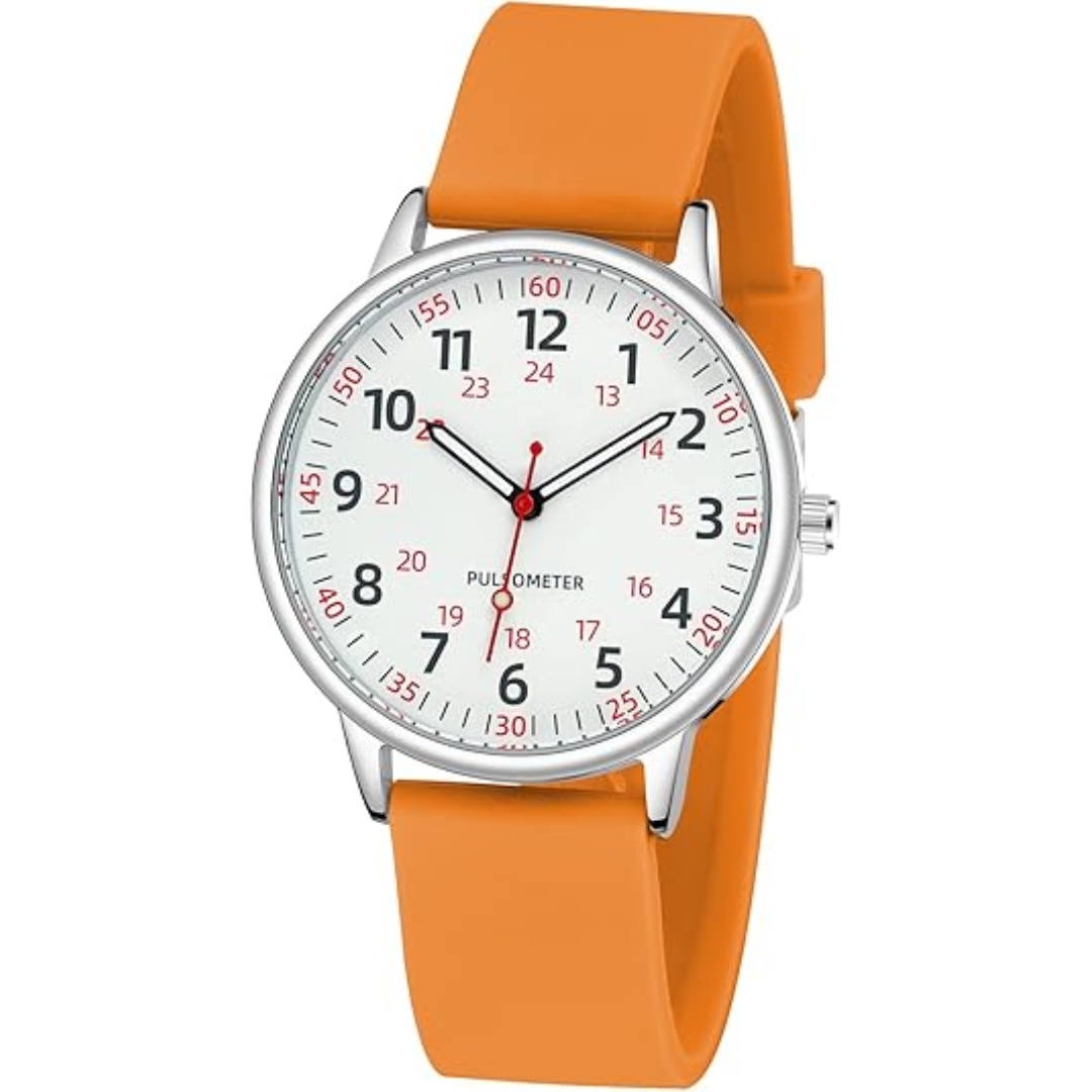 Clear analog dial on a women's waterproof nurses watch with a sleek silver case & black silicone band.