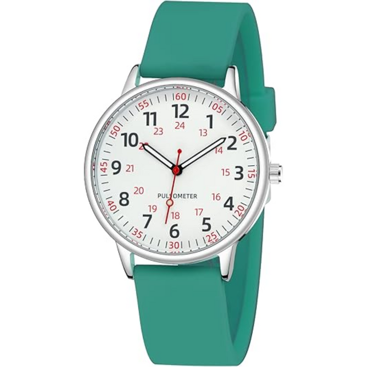 Ergonomic women's waterproof medical watch, showcasing a secure & comfortable grey silicone band on wrist.