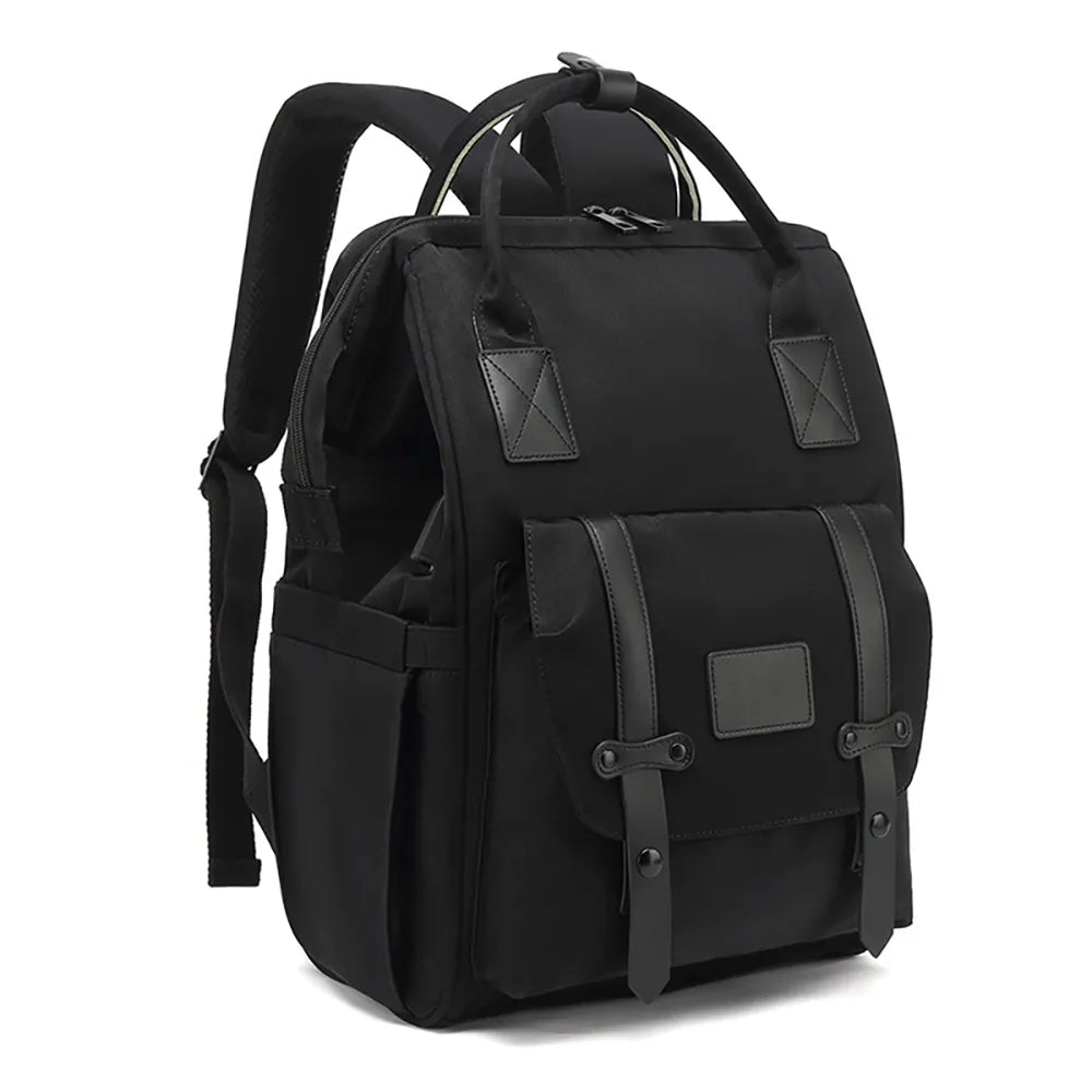 Diaper backpack with insulated bottle pockets, essential for new moms on the go.
