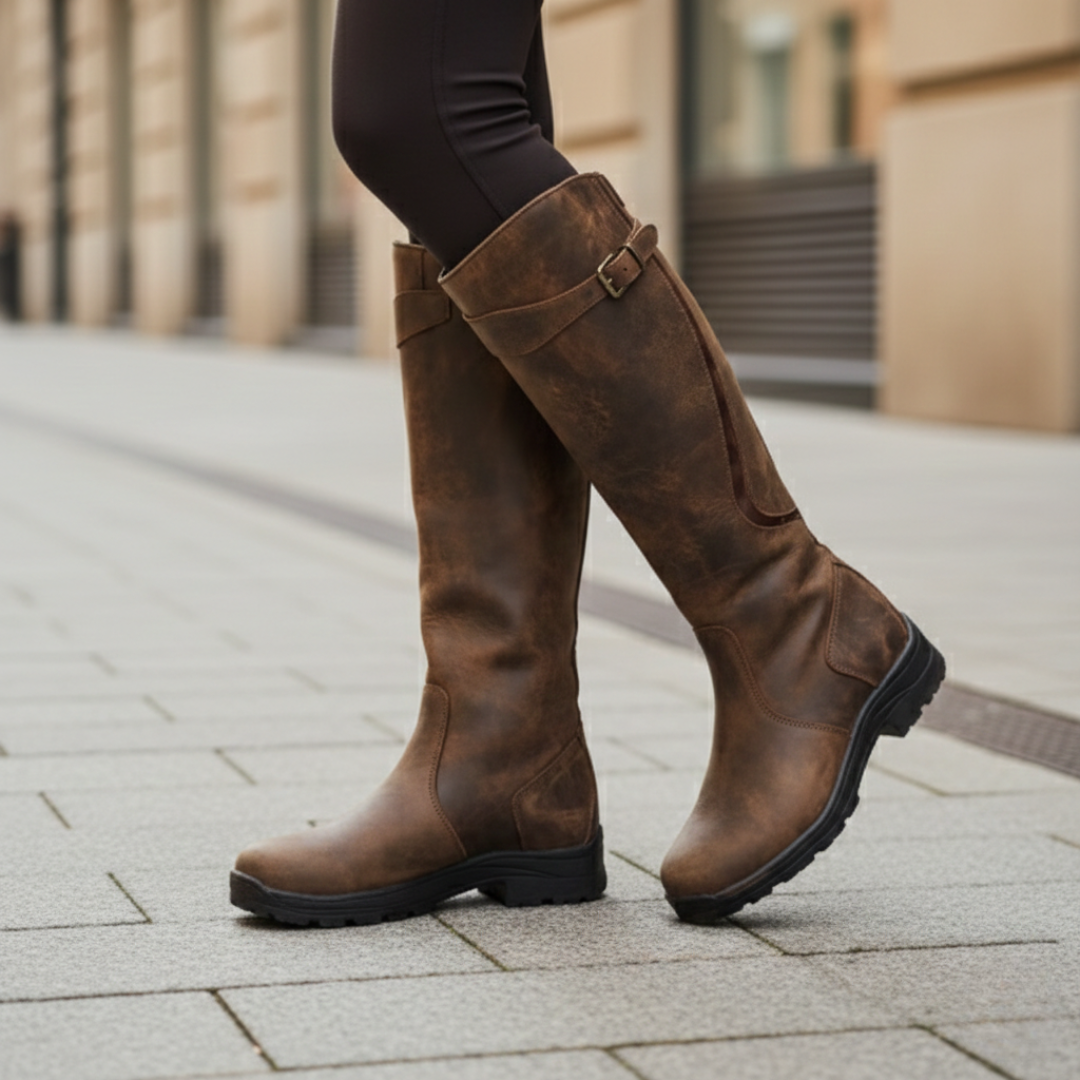 Green women's zip-up orthopedic boots, waterproof and knee-high for ultimate winter comfort.