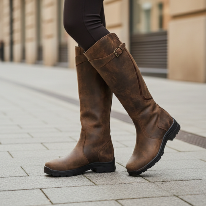 Green women's zip-up orthopedic boots, waterproof and knee-high for ultimate winter comfort.