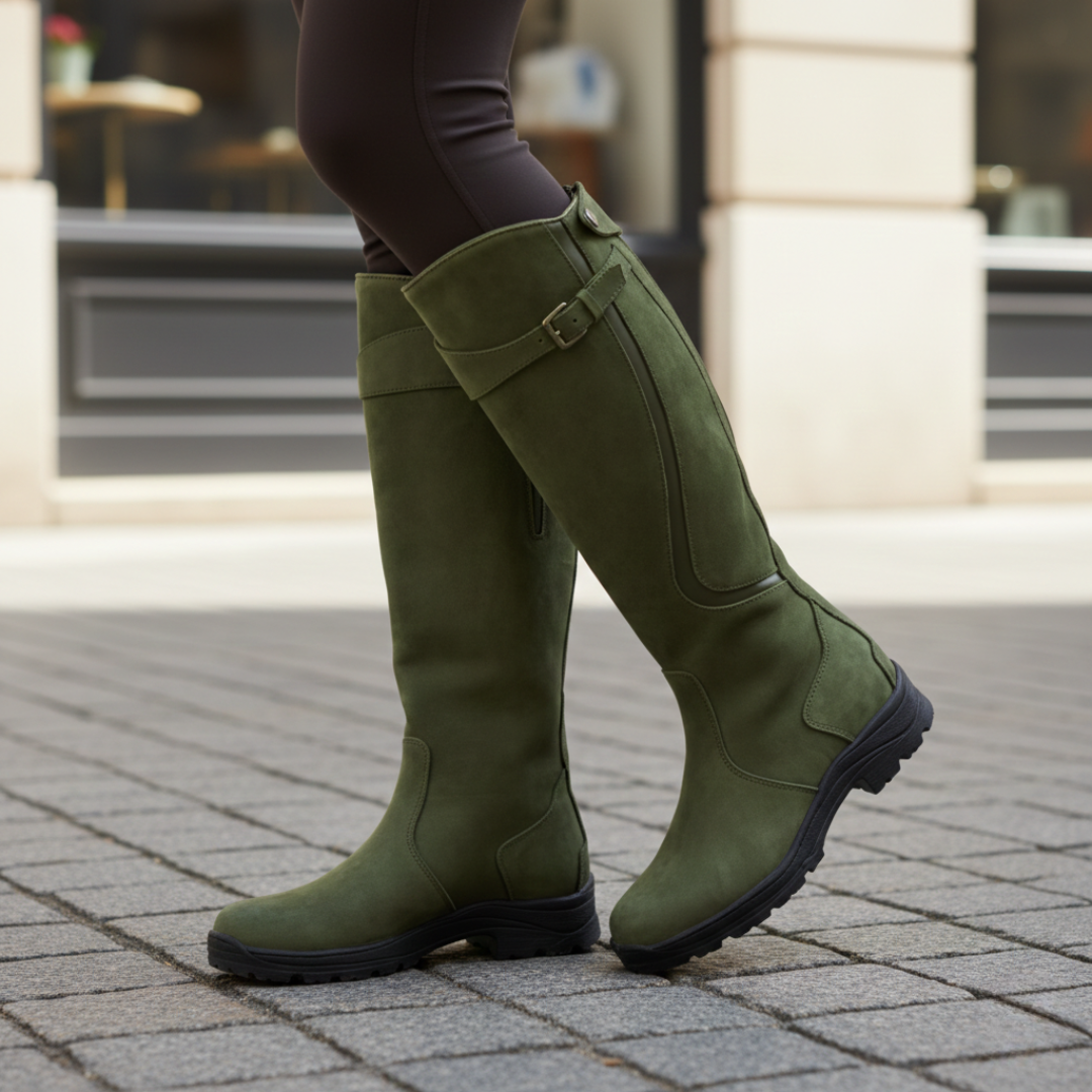 Violet knee-high orthopedic boots for women, waterproof design with a comfortable round toe.