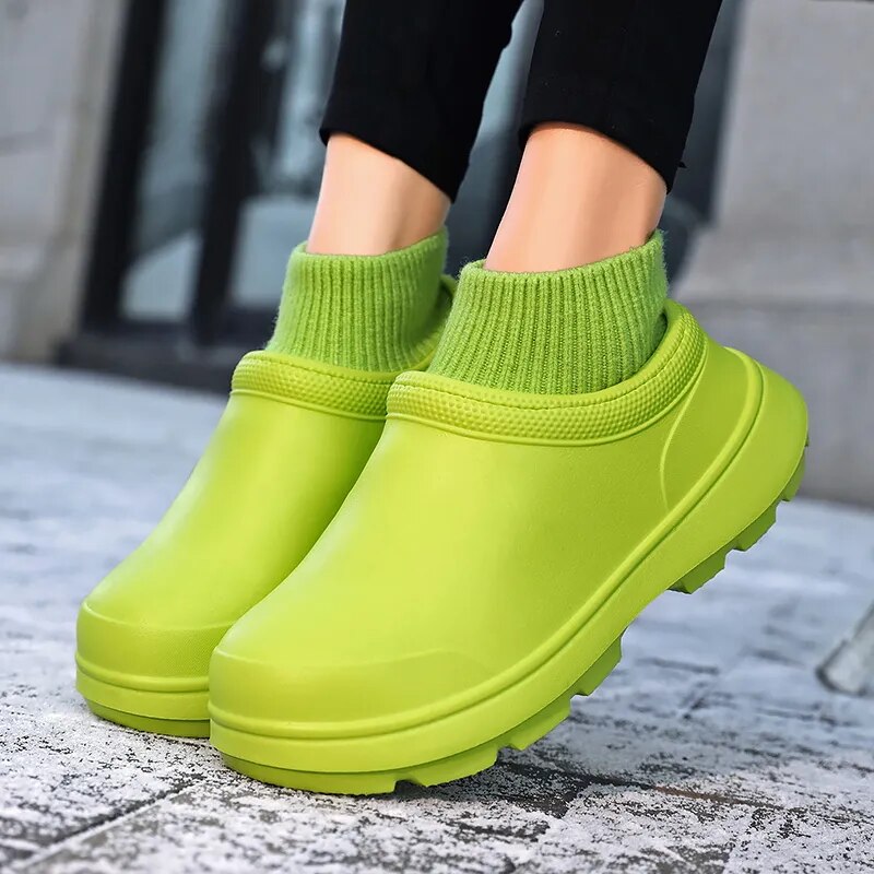 Women's waterproof footwear: slip-on clogs with a cozy knit ankle cuff & cushioned support for daily wear.