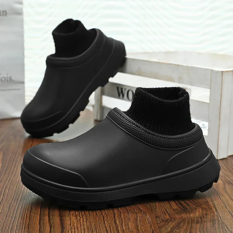 Stylish women's slip-on clogs with a waterproof exterior & unique knitted ankle cuff for added warmth.