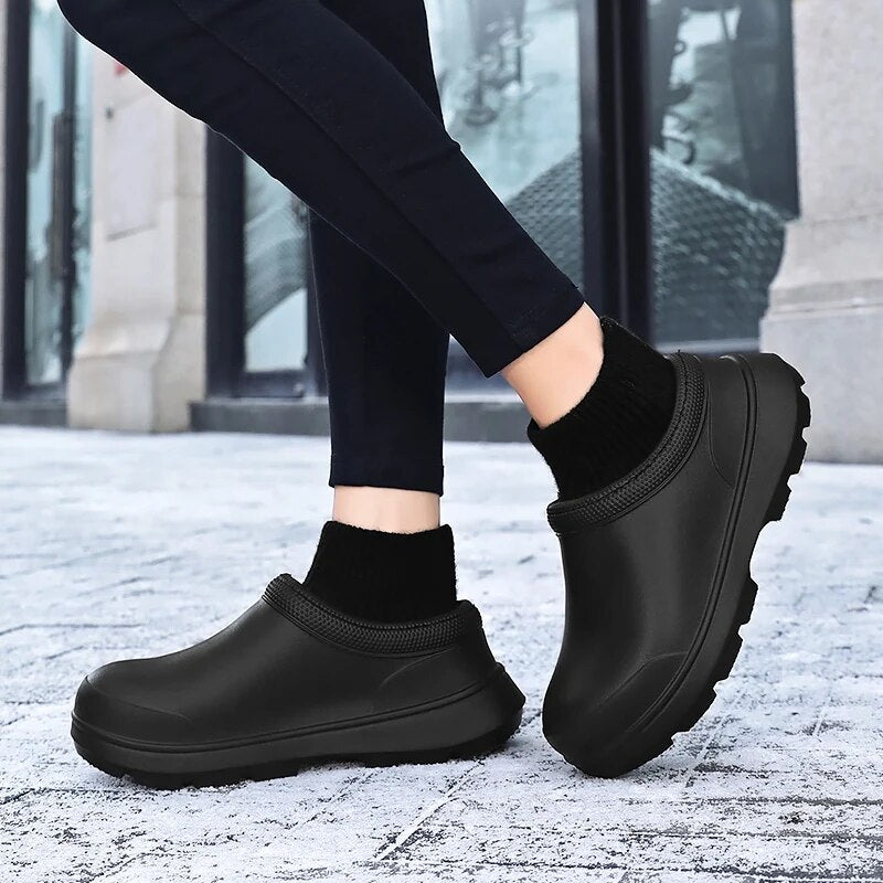 Durable women's waterproof slip-on clogs, non-slip sole & knit ankle cuff for secure, comfortable walking.