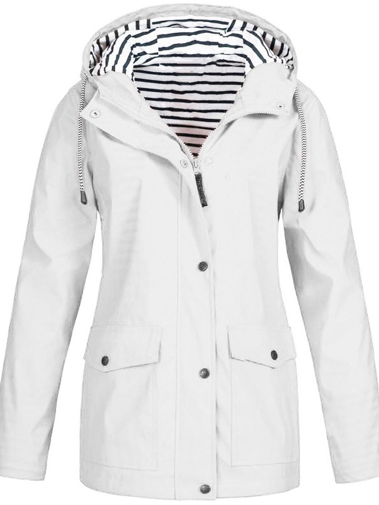 Stylish hooded women's jacket featuring deep pockets, designed for protection from wind & rain.