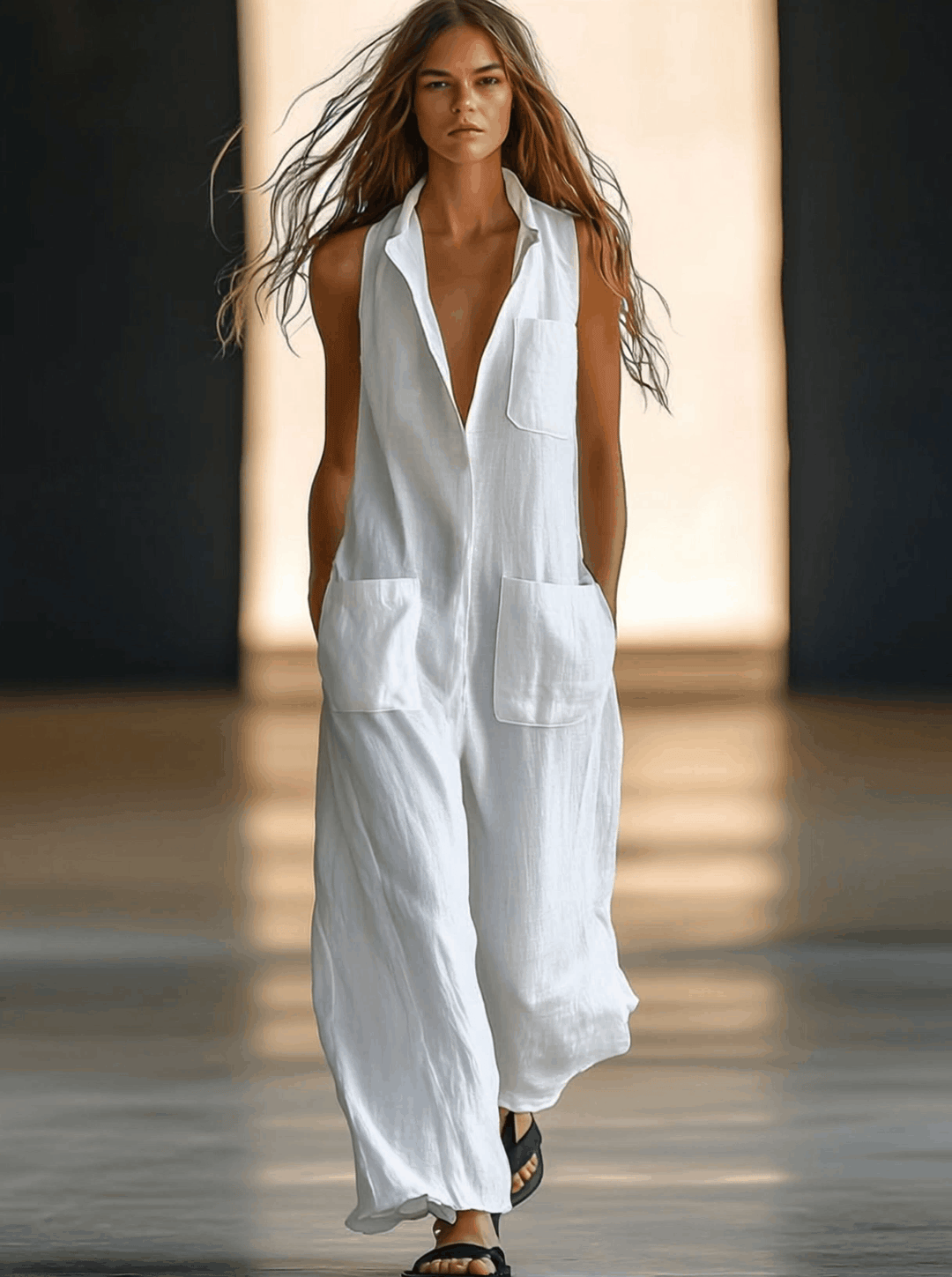 Chic white women's retro sleeveless jumpsuit. Effortless wide-leg style for spring, summer, or vacation wear.