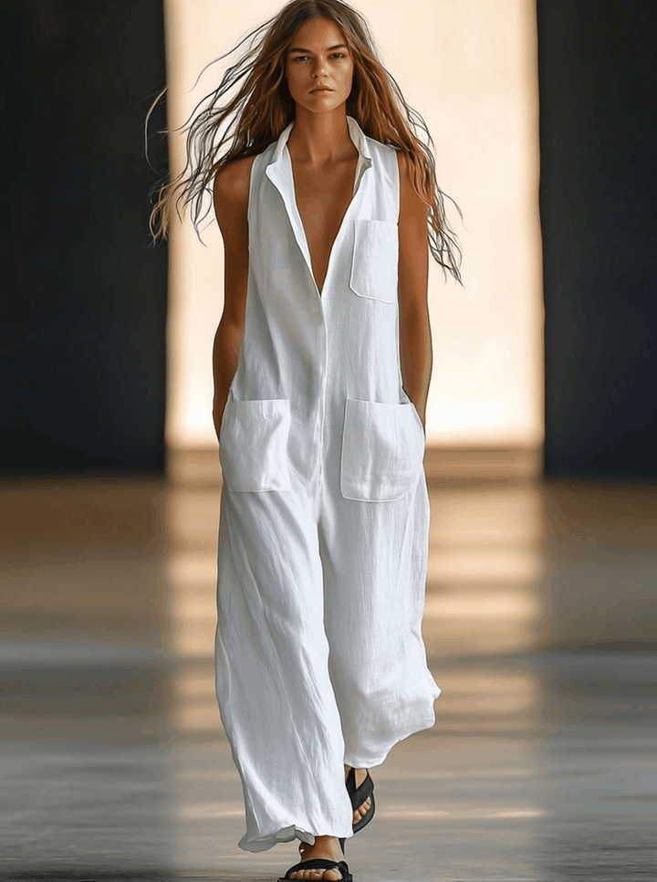 Chic white women's retro sleeveless jumpsuit. Effortless wide-leg style for spring, summer, or vacation wear.