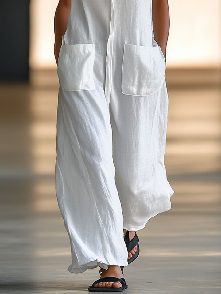 Retro white wide-leg sleeveless jumpsuit for women. Casual, comfortable, and chic for spring, summer, and vacation.