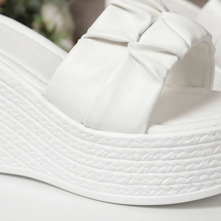 Comfortable open-toe women's wedge sandals with a ruched strap, ideal for casual outfits & everyday wear.