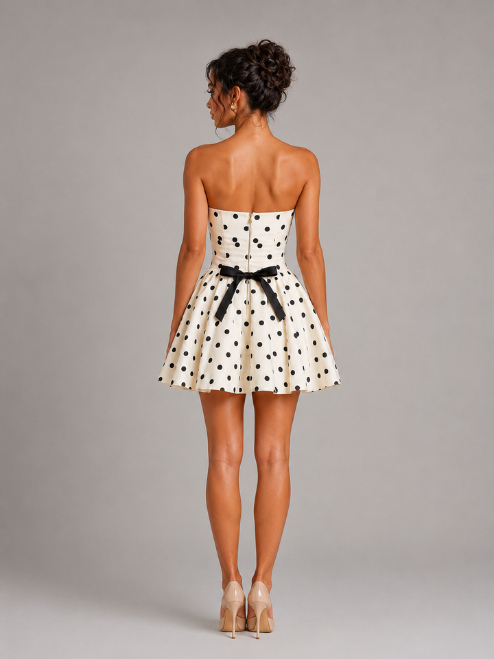 Retro style women's strapless polka dot homecoming dress, a white mini dress with a flattering corset top.