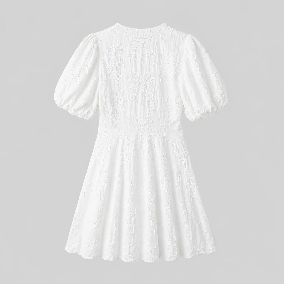 White textured floral V-neck midi dress for women, A-line cut, puff sleeves, a stylish and comfortable summer dress.