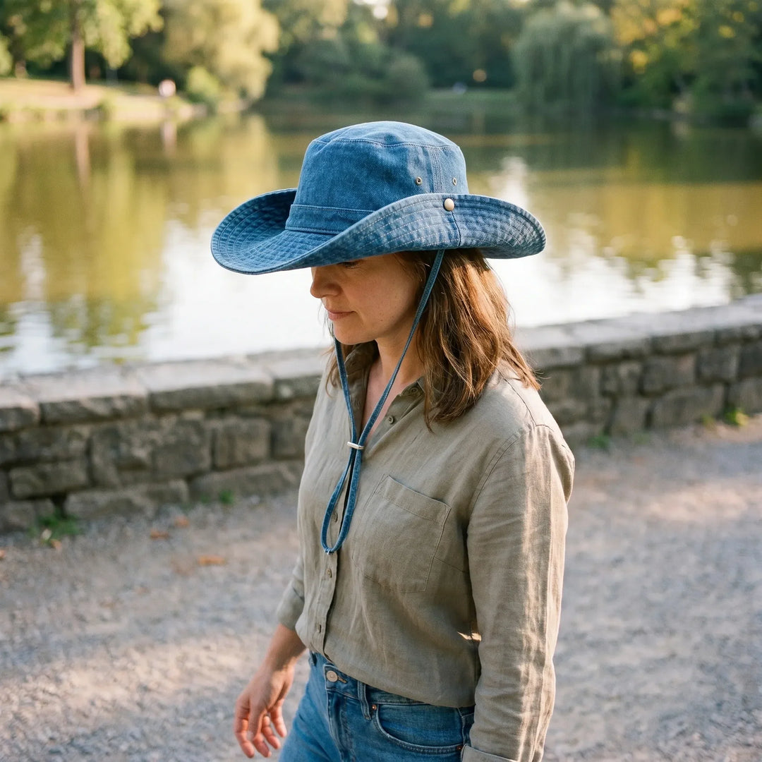 Women's wide brim bucket hat, ideal for summer sun protection & casual outdoor style.