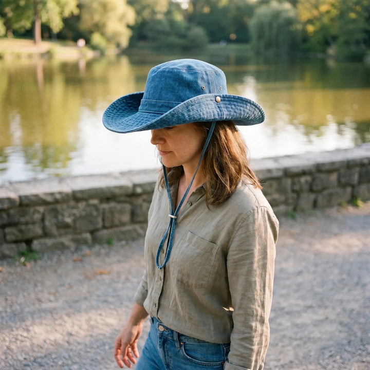 Women's wide brim bucket hat, ideal for summer sun protection & casual outdoor style.