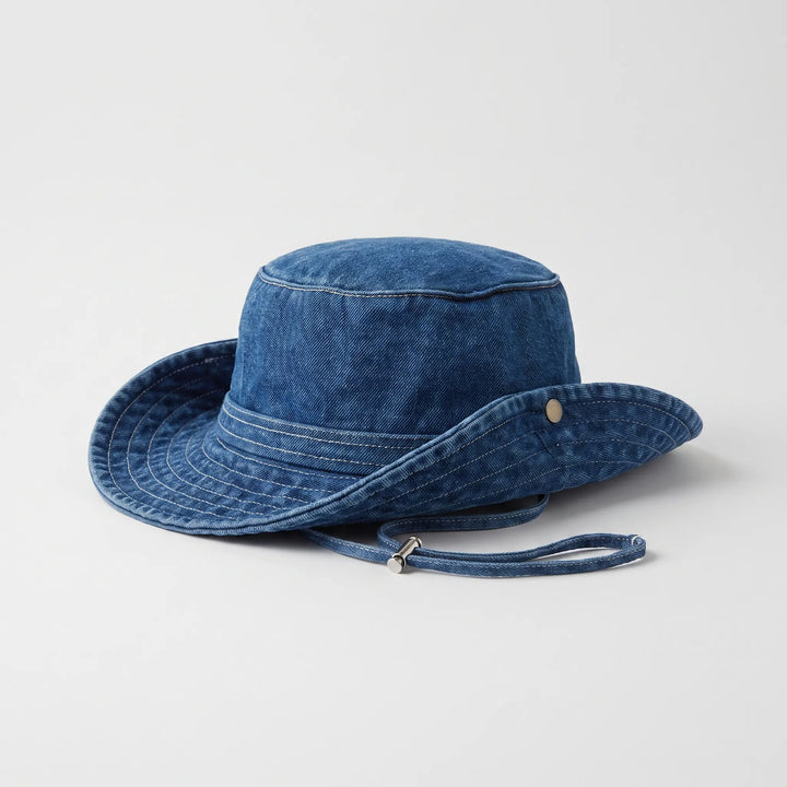 Trendy women's wide brim bucket hat, suitable for travel, vacation & everyday sun protection.