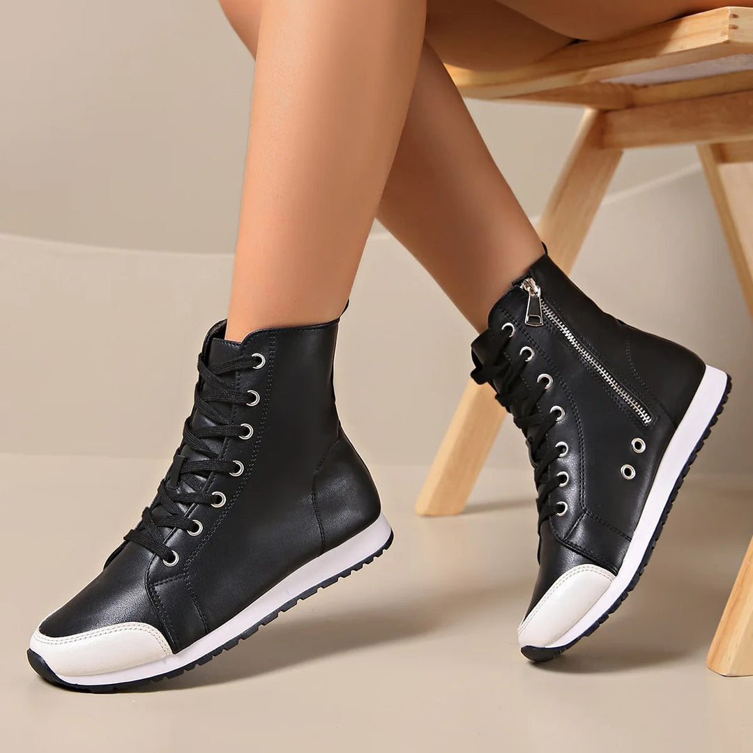Women's wide fit orthopedic lace-up sneakers in white, offering all-day comfort & supportive walking relief.
