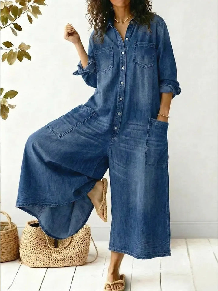Women's wide leg button-up jumpsuit with long sleeves. Comfortable, stylish, and versatile for casual summer fashion.
