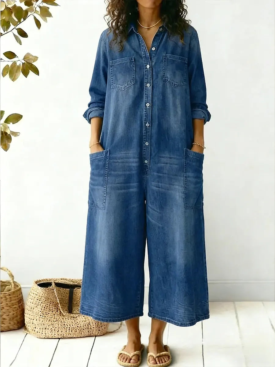 Stylish women's wide leg jumpsuit with button-up front & pockets. Ideal for comfortable travel or summer outfits.