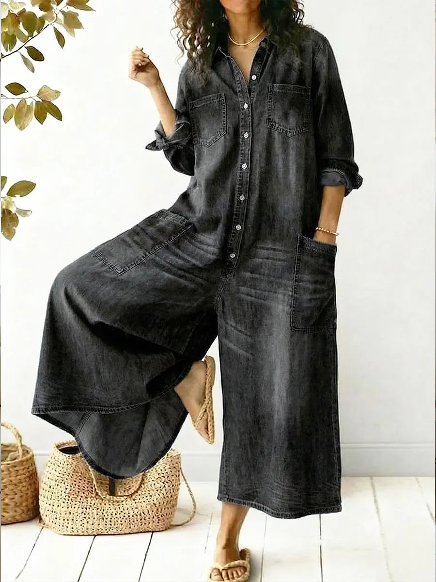 Casual chic women's wide leg jumpsuit featuring a button-up design. Perfect versatile, comfortable fashion.