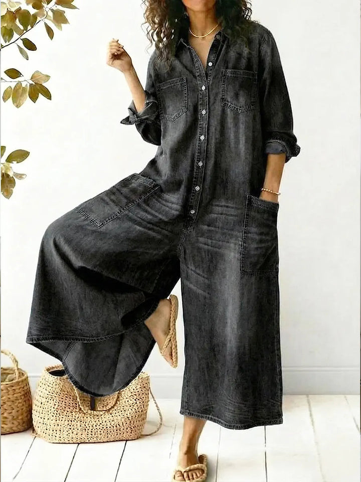 Casual chic women's wide leg jumpsuit featuring a button-up design. Perfect versatile, comfortable fashion.