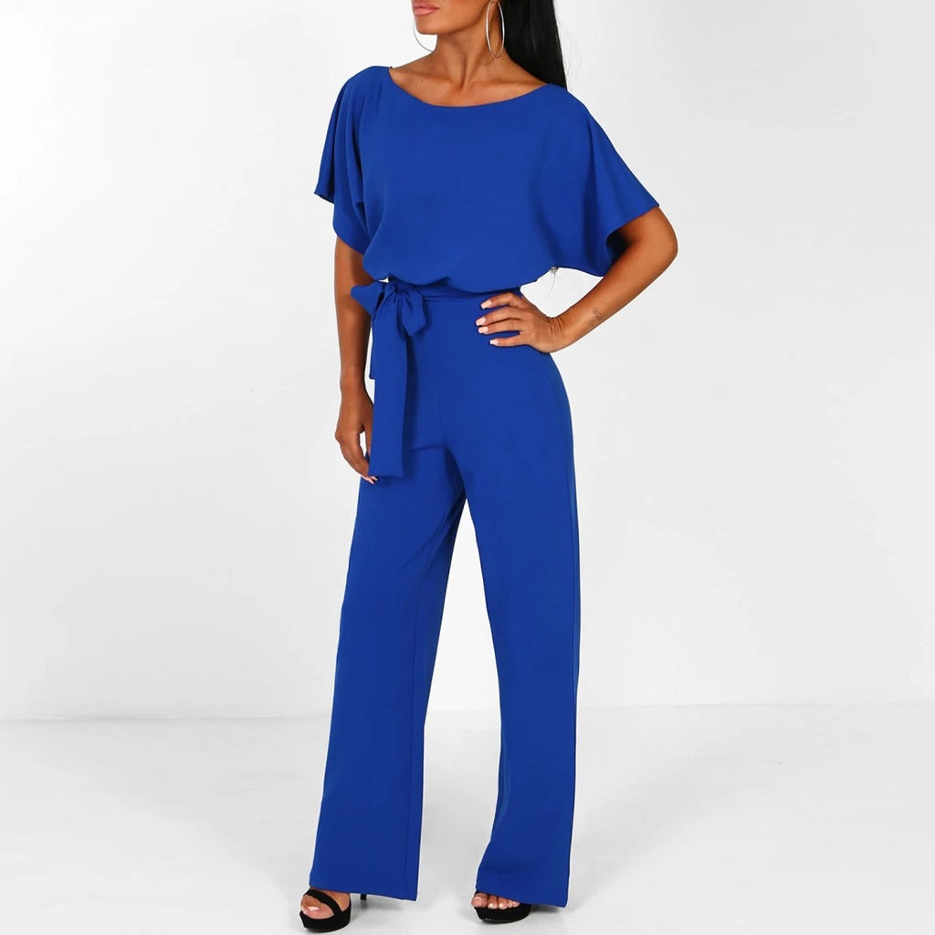 Chic women's wide-leg jumpsuit featuring a stylish belted waist. Modern one-piece fashion for any occasion.