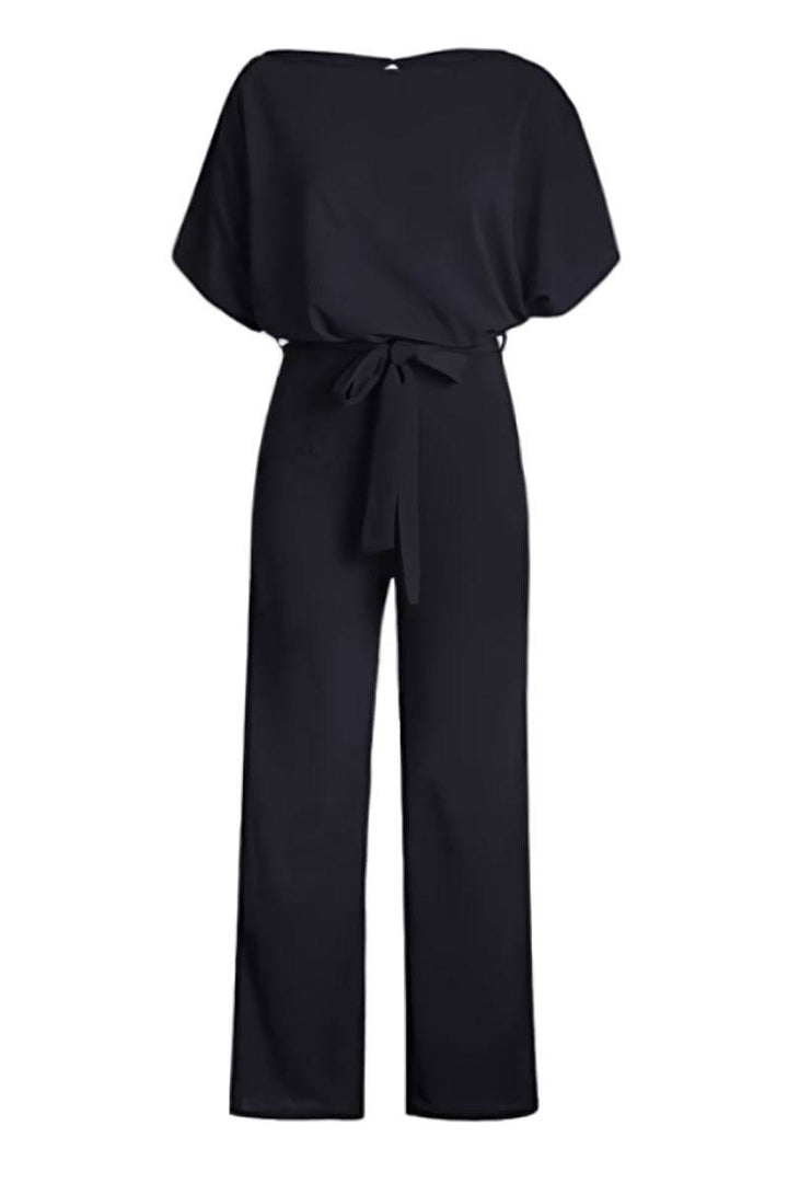Elegant casual wide-leg jumpsuit for women, featuring comfortable batwing sleeves & chic, adjustable belted waist.