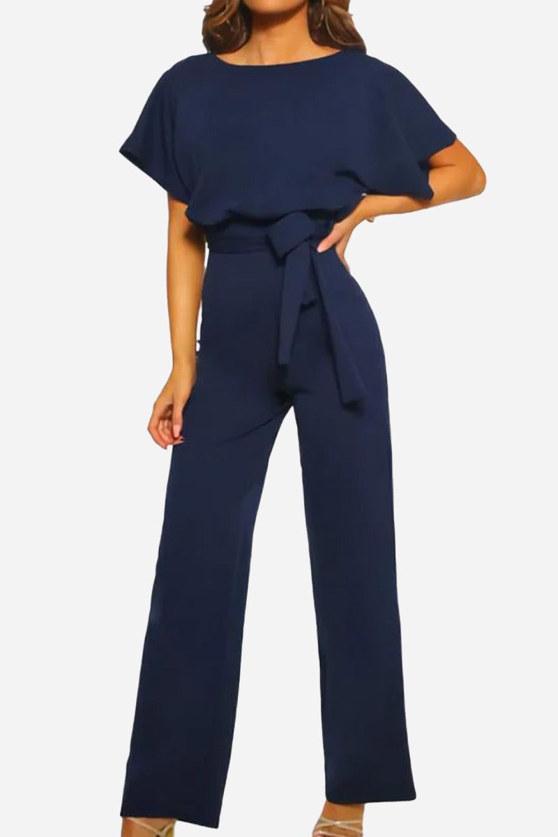 Fashionable wide-leg jumpsuit for women, featuring dramatic batwing sleeves & adjustable belt. Summer style ready.