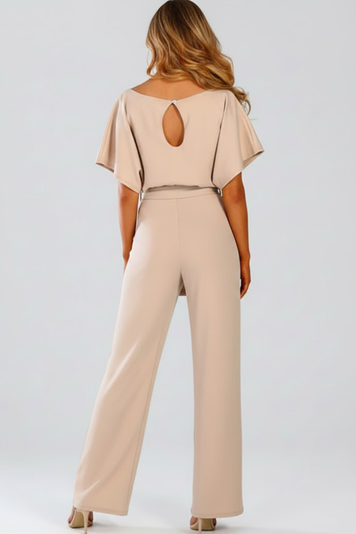 Stylish belted wide leg short sleeve jumpsuit for women. Perfect comfortable and elegant summer one-piece outfit.
