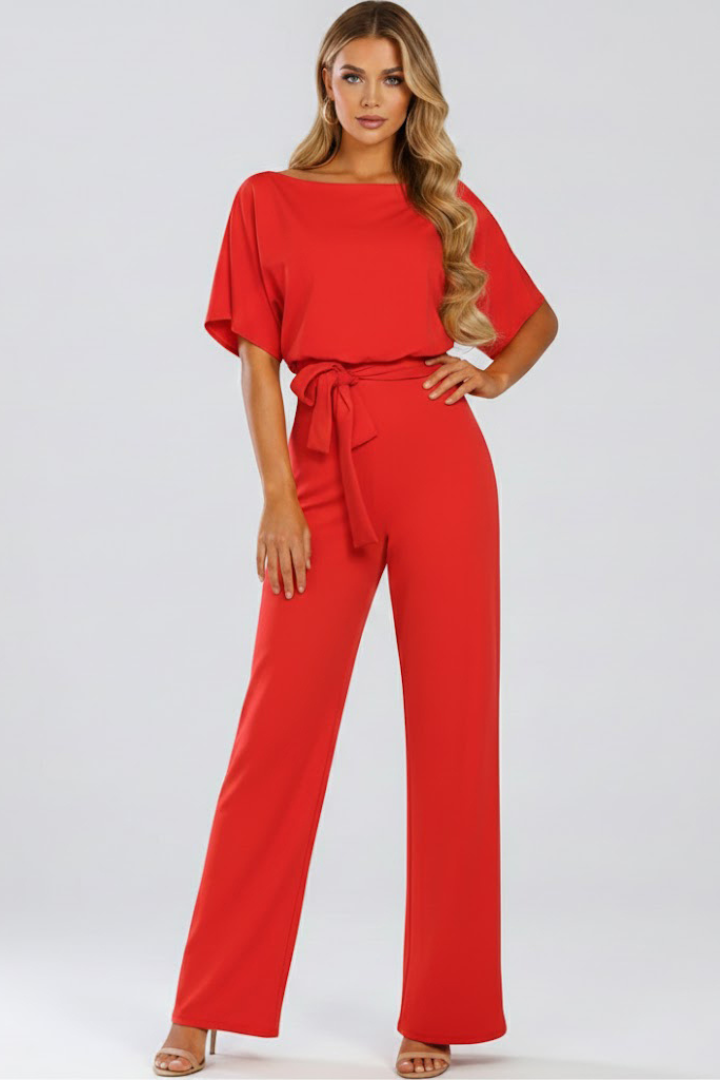 Casual chic women's belted wide leg jumpsuit. Short sleeves & comfortable fit for versatile summer and spring style.