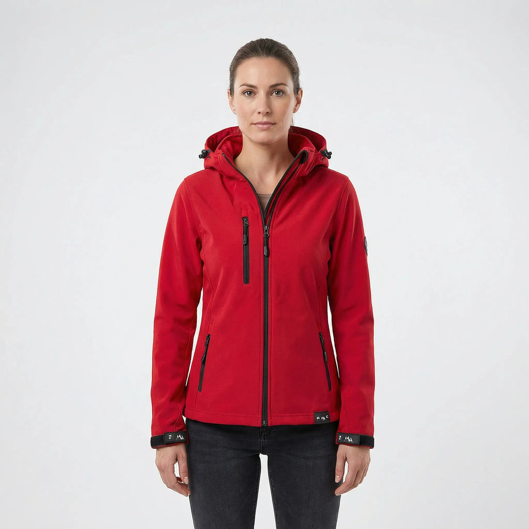 Women's windproof softshell jacket with hood & full zip. Ideal for outdoor activities & everyday activewear.