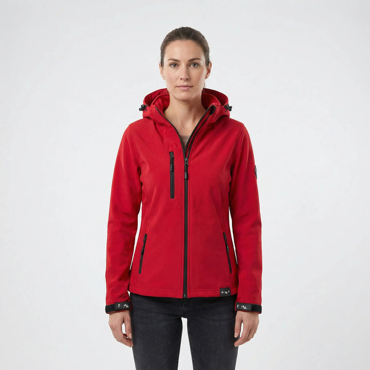 Women's windproof softshell jacket with hood & full zip. Ideal for outdoor activities & everyday activewear.
