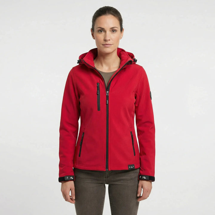 Lightweight women's softshell jacket for active comfort. Windproof, hooded, perfect for casual outdoor wear.