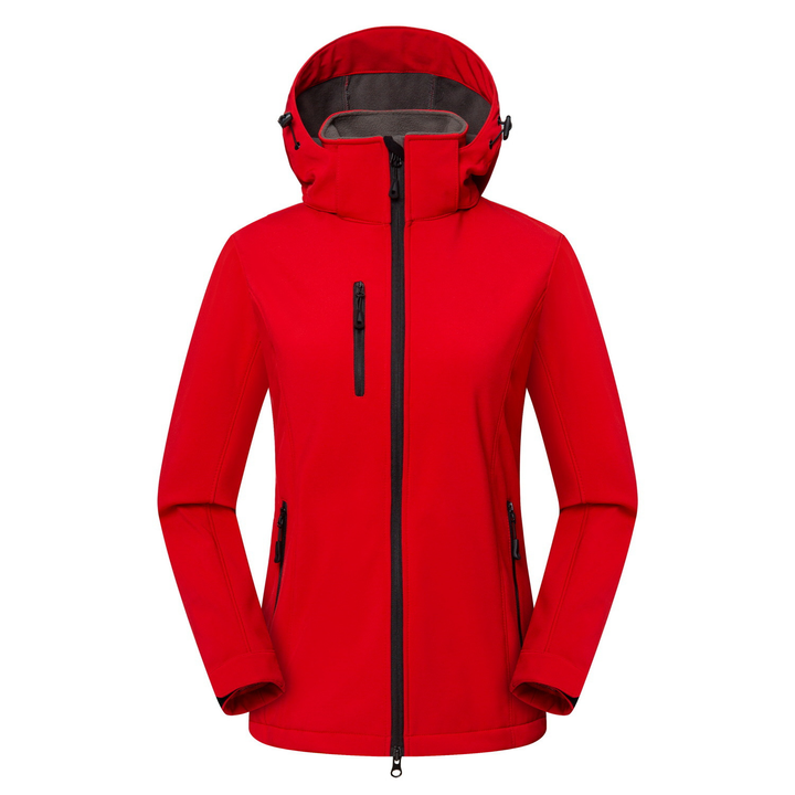 Durable women's windproof softshell jacket, hooded design. Excellent for casual outdoor adventures & active wear.