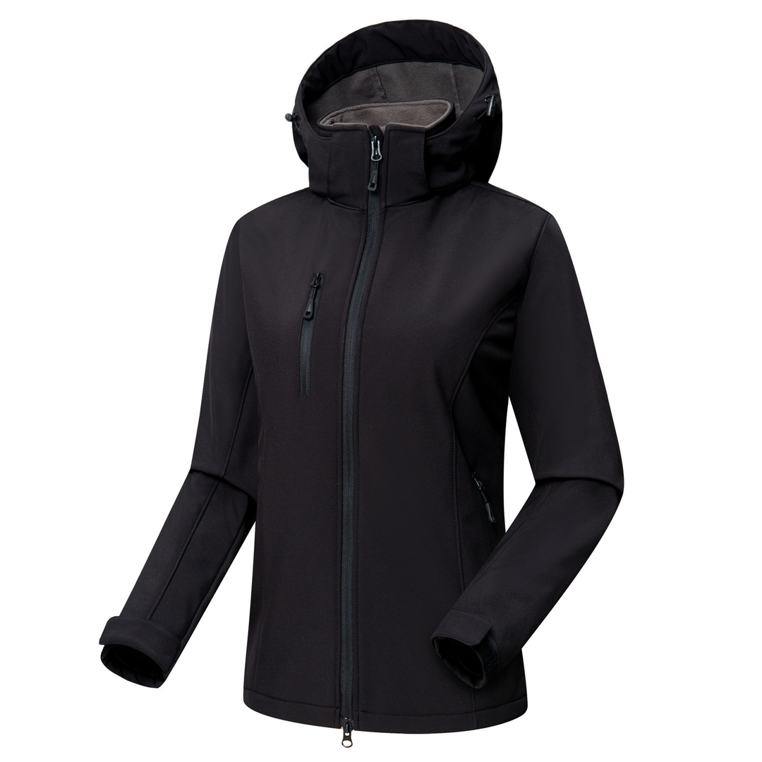 Windproof women's softshell jacket with hood, offering protection for outdoor activities & everyday comfort.